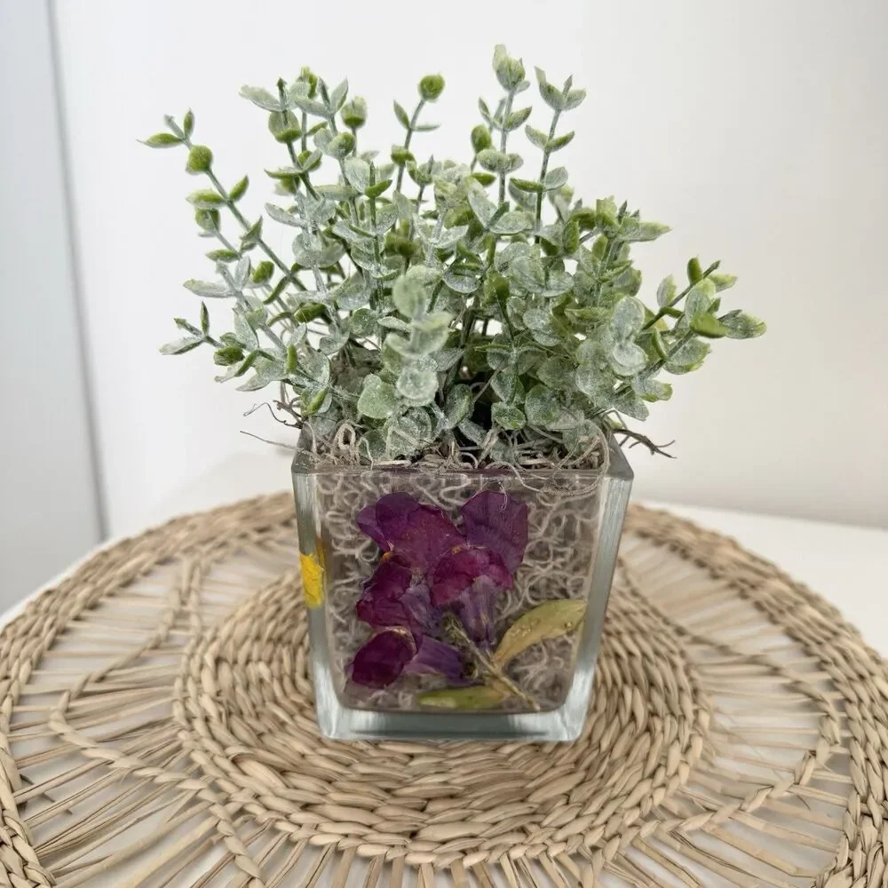 Handmade Faux Green Plant Arrangement In Dried Flower Glass Planter